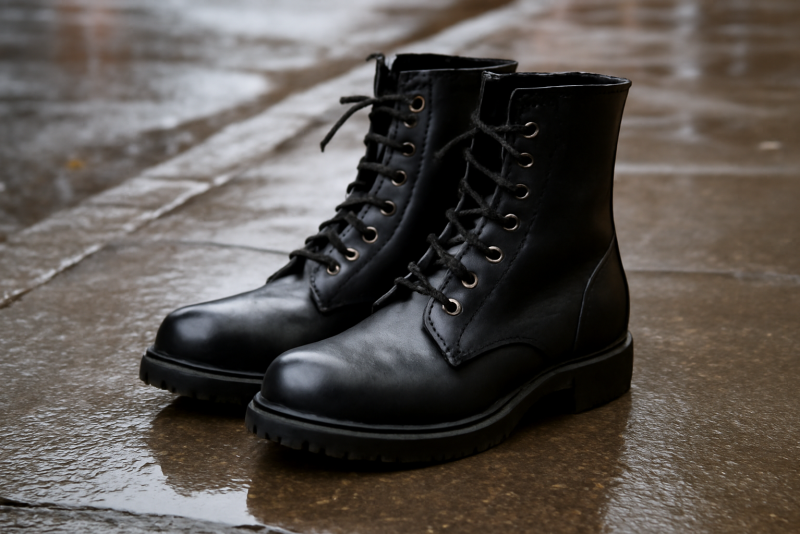 bottines montantes sur trottoir mouillé