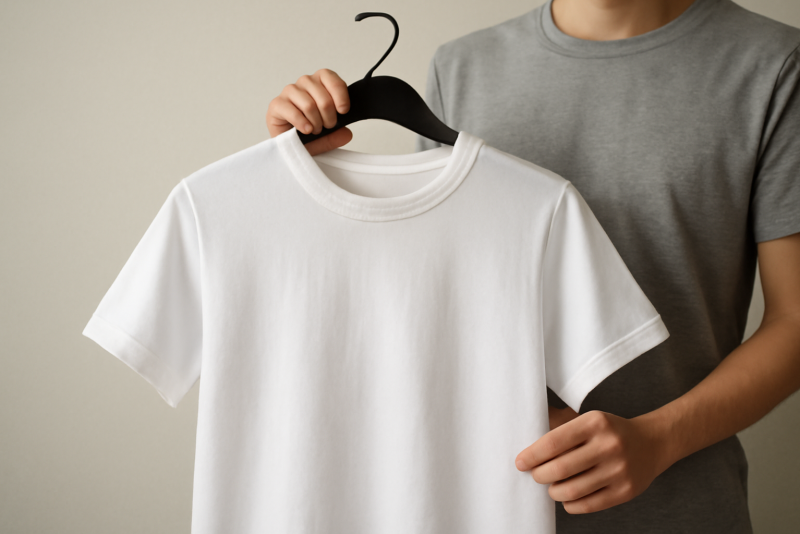 personne tenant un t-shirt sur cintre