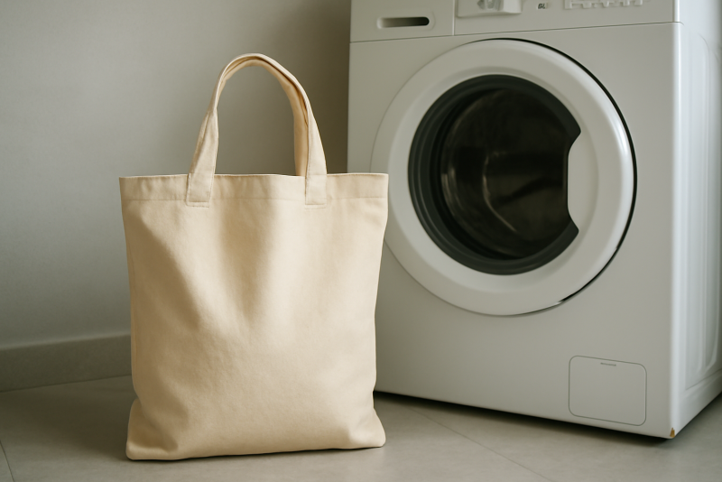 sac en toile posé près d'une machine à laver
