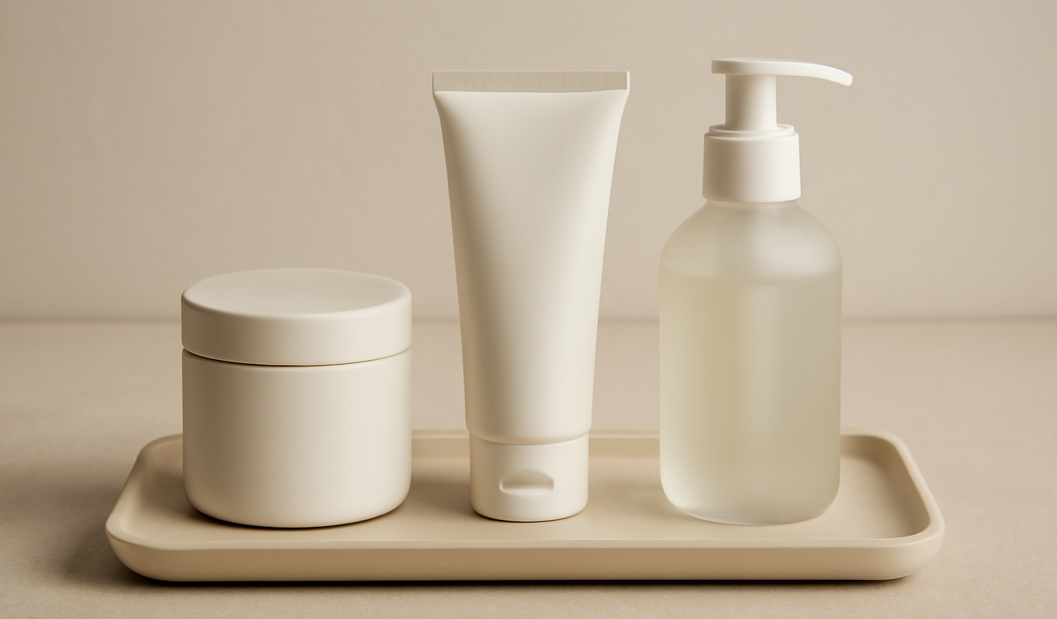 trois produits minimalistes alignés sur plateau