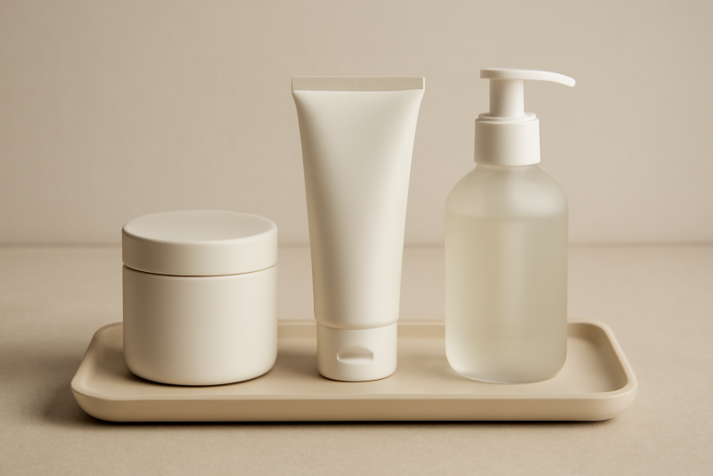 trois produits minimalistes alignés sur plateau