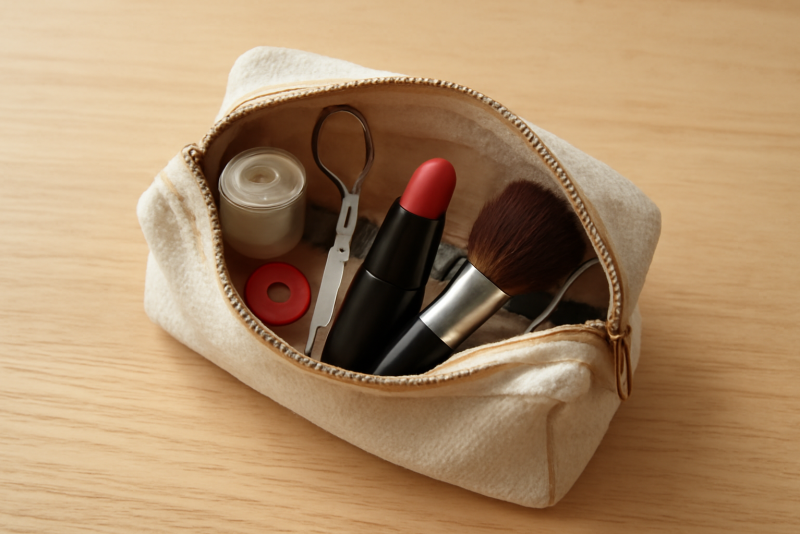 trousse petite ouverte avec accessoires couture et maquillage