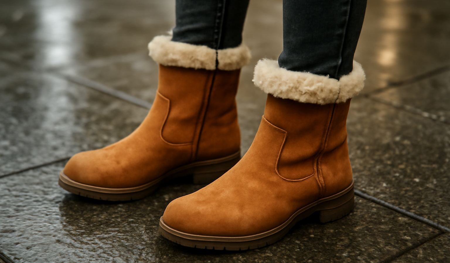 bottines fourrées portées sur trottoir humide