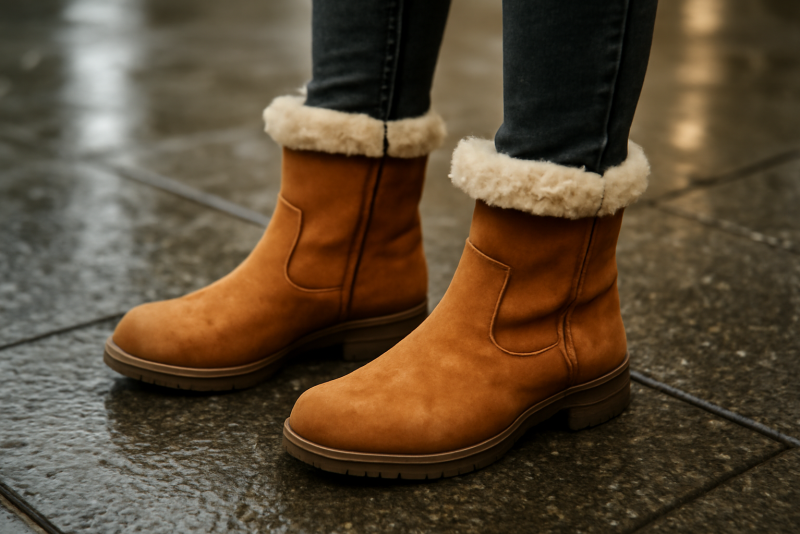 bottines fourrées portées sur trottoir humide