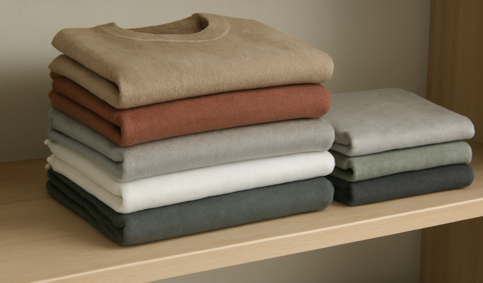 pulls et t-shirts pliés sur une étagère